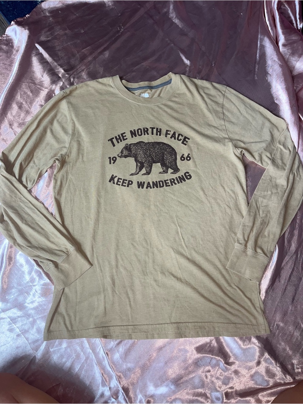 The North Face Tan Long Sleeve Tee with Brown Bear Keep Wandering